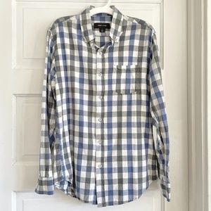 Adam Levine check checkered plaid collared dress shirt white blue grey gray